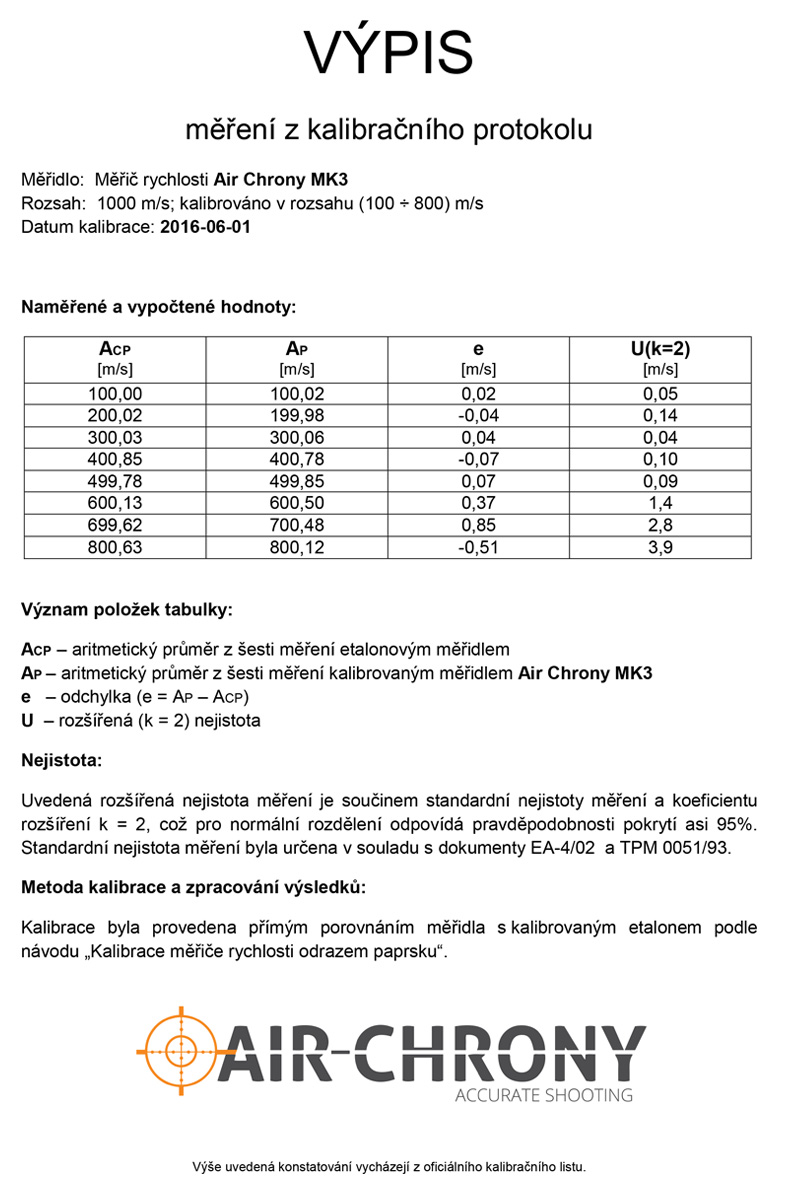 Výpis z kalibračního protokolu